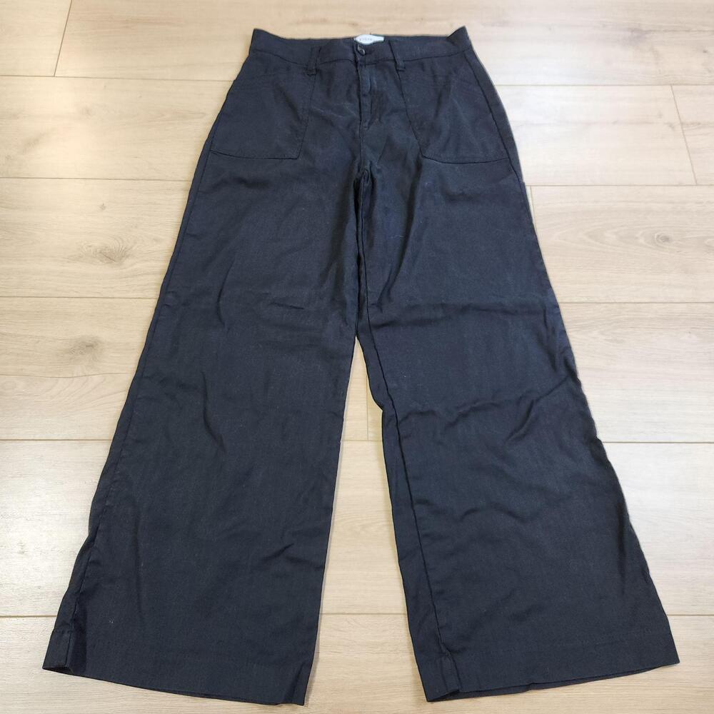Evereve Linen Blend Wide Leg Chino Pants Womens 28 Black Twill Pockets Stretch